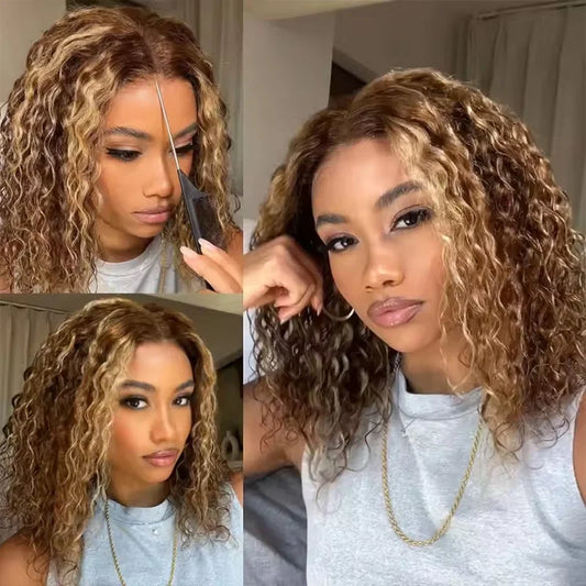 Ombre Highlight P4/27 Peruvian Remy Hair Short Bob Human Hair Wigs Blonde Wig Deep Curly Bob Wig 13x4 Lace Front Wigs For Women