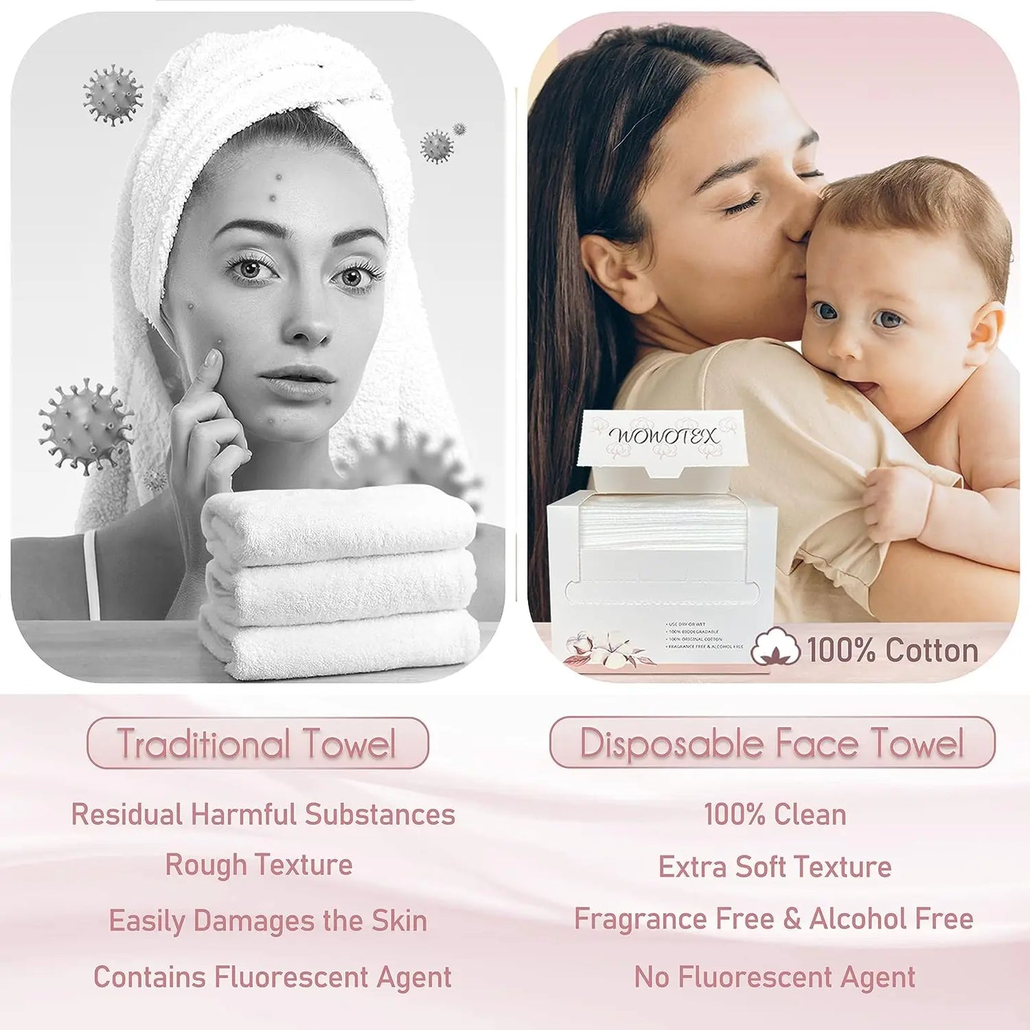 100% Cotton Disposable Face Towels | 50 Count Biodegradable Wipes for Sensitive Skin (12x10 in)