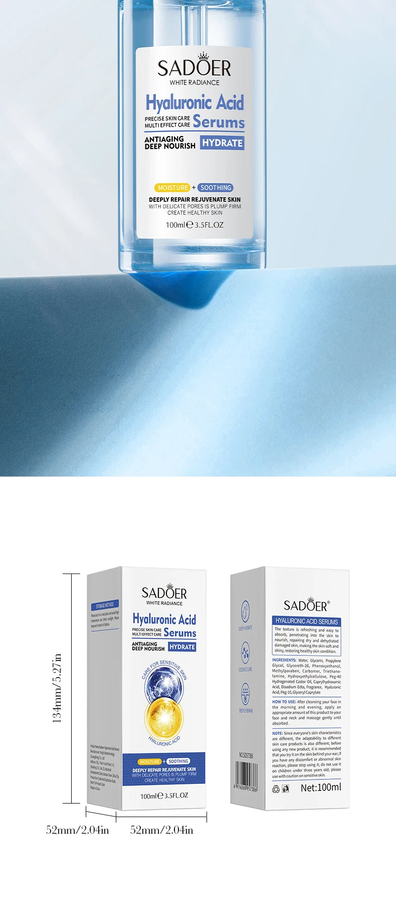 100ml SADOER Hyaluronic Acid Facial Serum Face Firming Hydrating Essence Skin Care