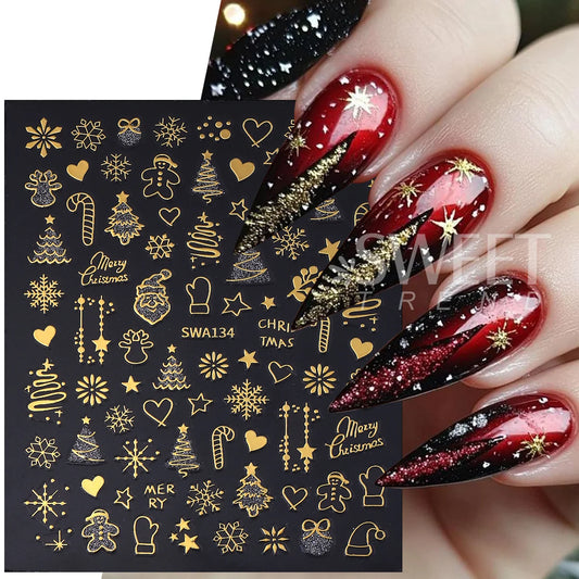 2pcs Gold Silver Christmas 3D Nail Stickers Reflective Glitter Xmas Tree Gingerbread Snowflakes Adhesive Decals Winter Manicure
