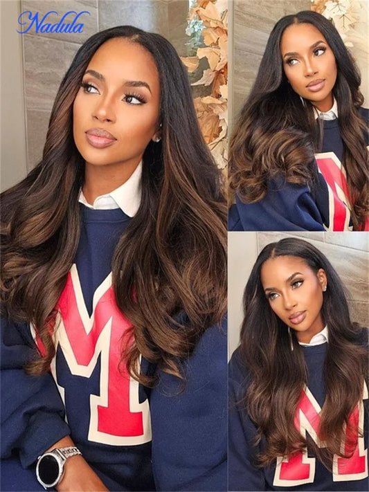 Nadula Ombre Brown Color Yaki Straight V Part Wig No Glue Begginer Friendly V Shape Part Human Hair Wig Begginer Friendly