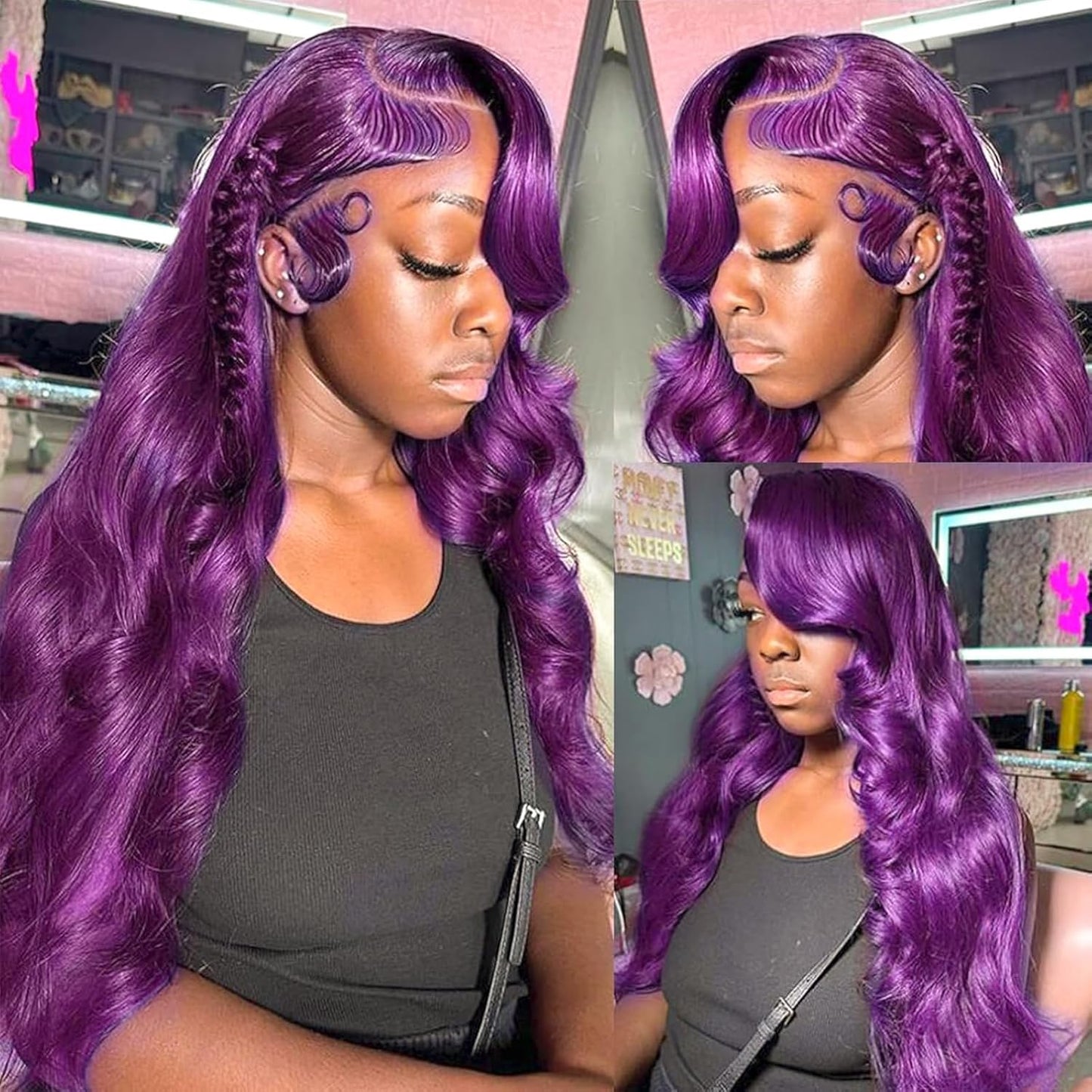 Purple Body Wave 13X4 Lace Frontal Wigs HD Lace Front Wigs Glueless Pre Plucked Bluish Violet Glueless Wigs 28 Inch Soft Hair Natural Hair Line Baby Hair Heat Resistant