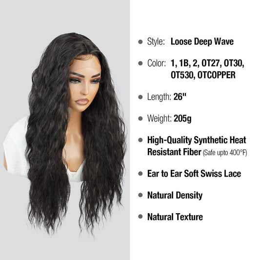 26 Inch Long Wavy Loose Deep Wave Swiss Lace Front Wig Middle Center Part Realistic Hairline for Black Women Heat Resistant Synthetic Wig DPL004 (1B-Off Black)