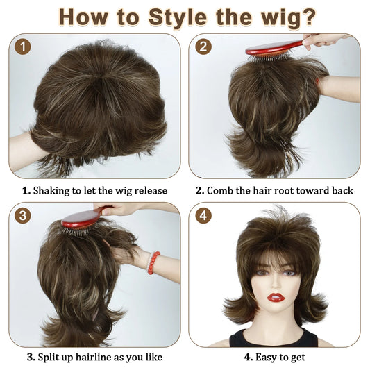 Short Brown Wig for Women Mullet Highlight Blonde Curly Synthetic Wigs