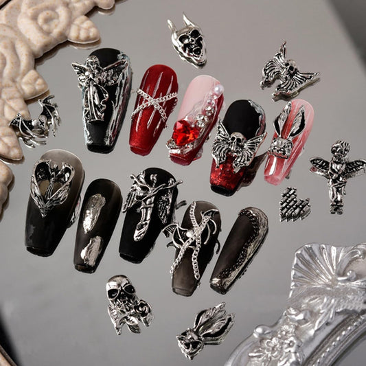 𝟯𝟬 𝗣𝗰𝘀 3D Nail Charms Halloween Skull Cross Wings Love Shape Silver Nails Charms Metal Vintage Nail Charm Nail Design Jewelry Decor Halloween Nail Glitters Charms for Nails Design DIY Decoration