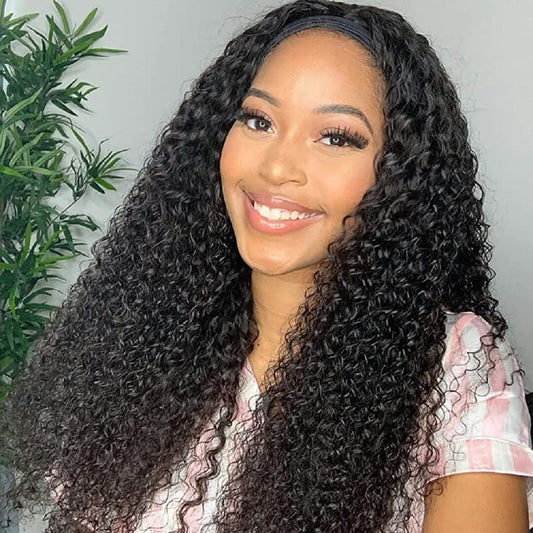 Glueless Wigs Human Hair Curly Headband Wig for Black Women (20 Inch) Brazilian Remy Hair Curly None Lace Front Wigs Human Hair Scarf No Gel Wigs