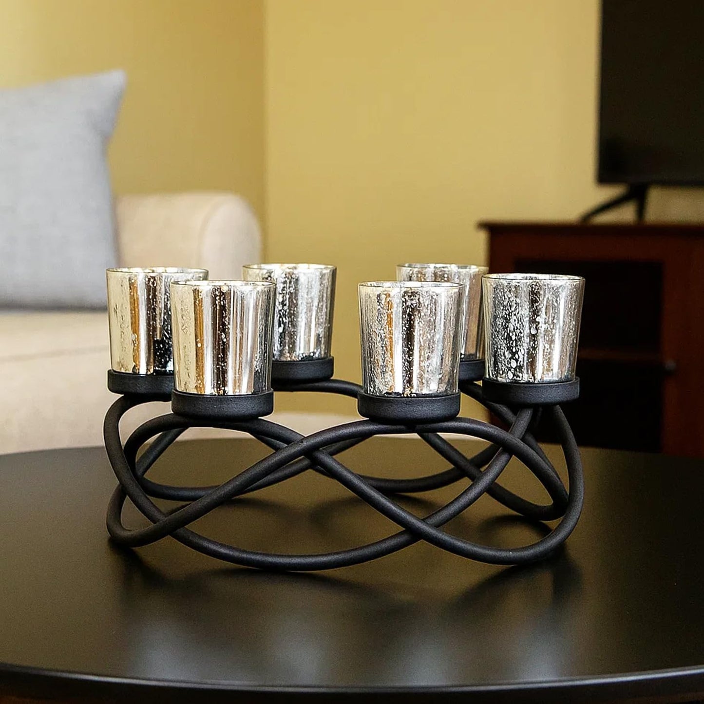 Halloween Candle Holder Centerpiece Decoration – Black Metal Iron 6-Cup Votive Tealight Holder for Spooky Table Gothic Decor, Kitchen & Dining Room, Coffee Tables