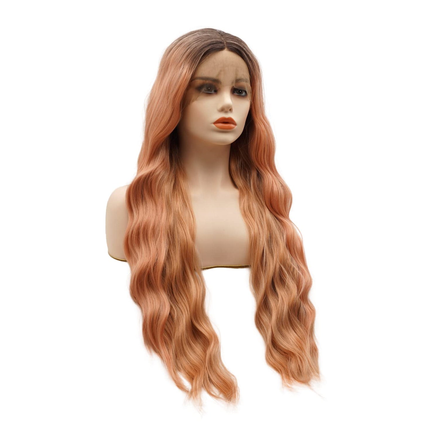 Hair Synthetic Lace Front Wig Wavy Long 26Inch Dark Root Rose Gold Ombre Heavy Density Heat Resistant Realistic Wig