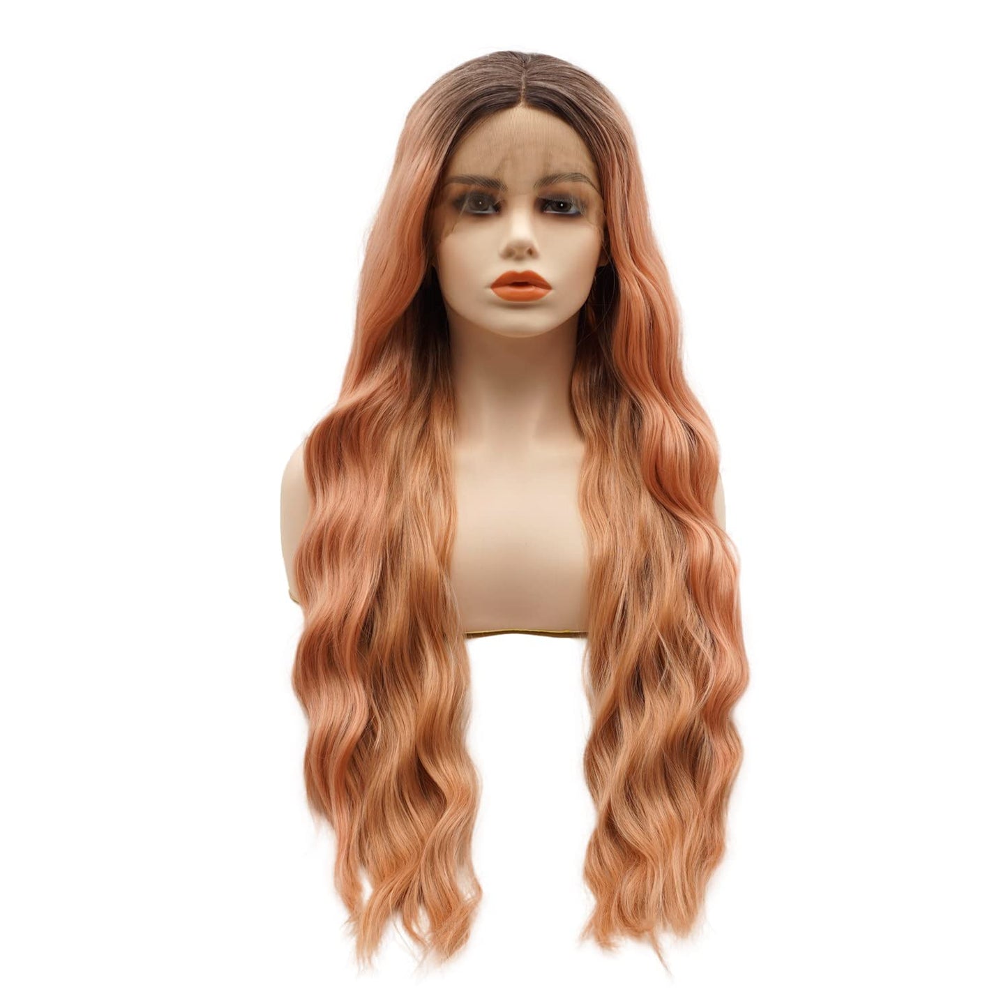 Hair Synthetic Lace Front Wig Wavy Long 26Inch Dark Root Rose Gold Ombre Heavy Density Heat Resistant Realistic Wig