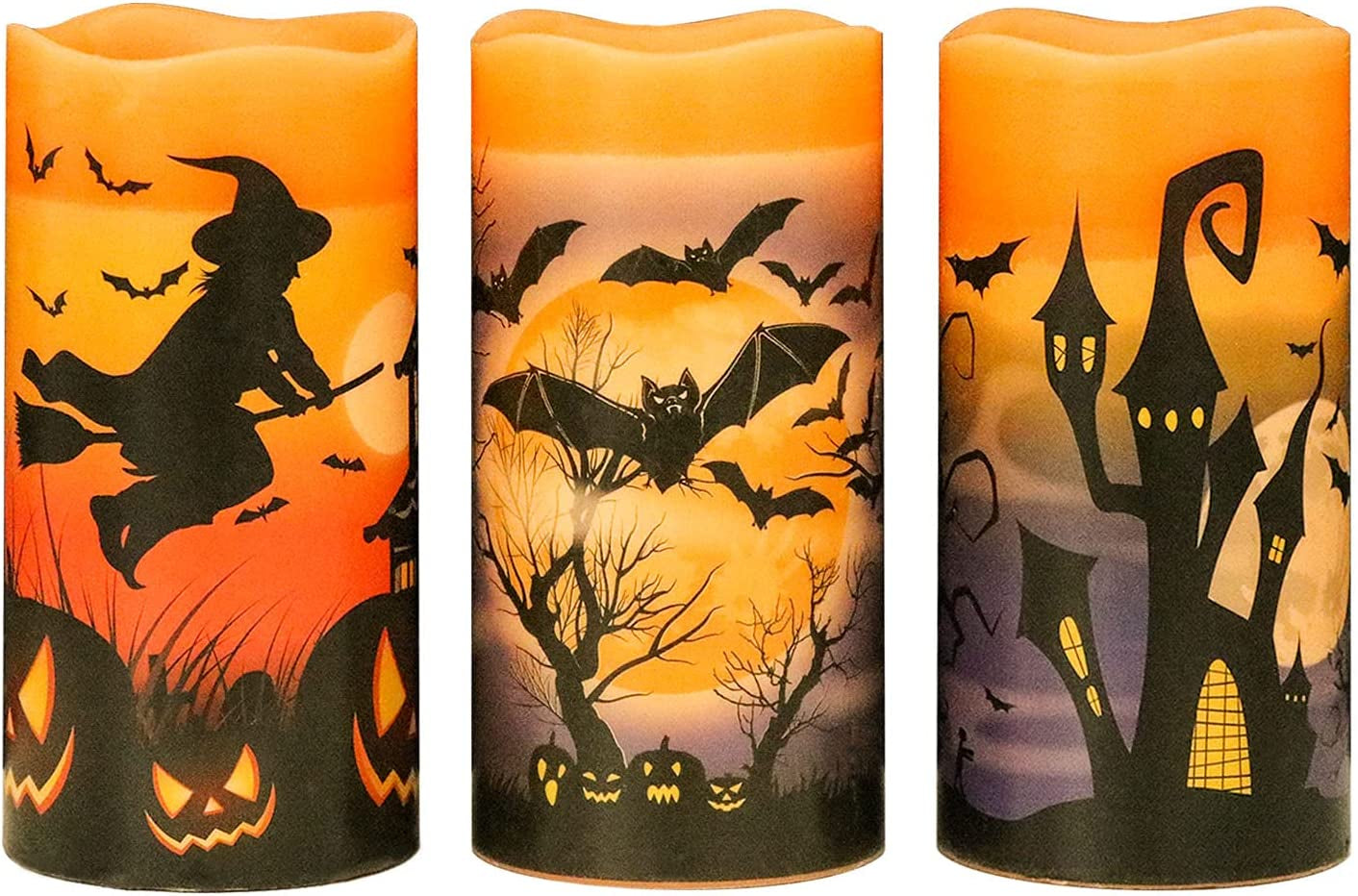Halloween Flameless Candles, LED Flickering Battery Pillar Candles with 6H Timer and Pumpkin Decals, Spooky Fall Halloween Festival Party Decoration Set of 3 (D 3” X H 4” 5” 6”)