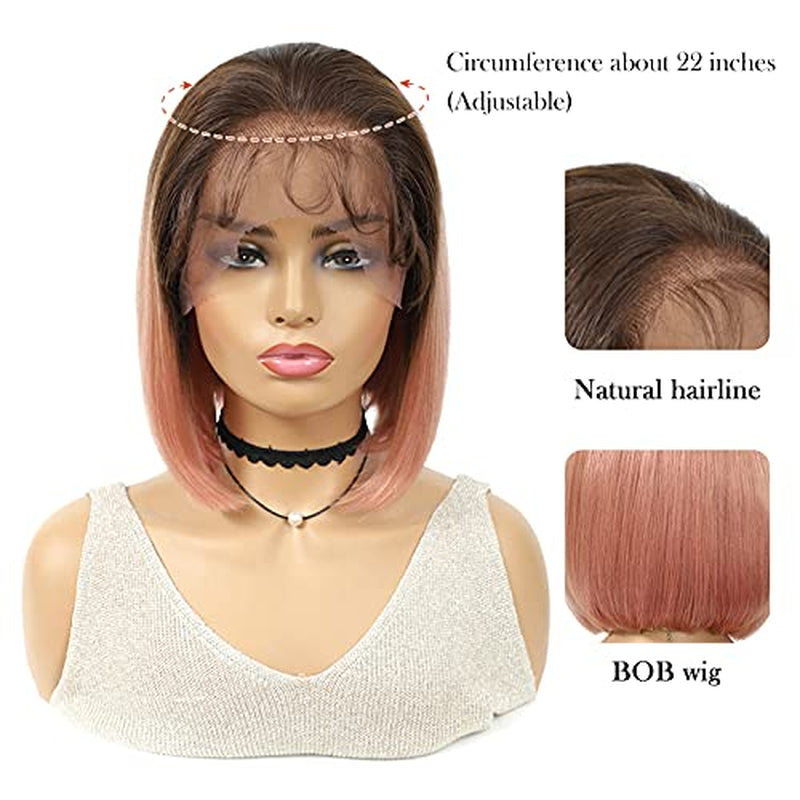 Short Bob Lace Front Human Hair Wigs Ombre Pink Brazilian Remy Straight Wigs for Black Women Pre Plucked Natural Hairline Colored Lace Wig (10Inch)