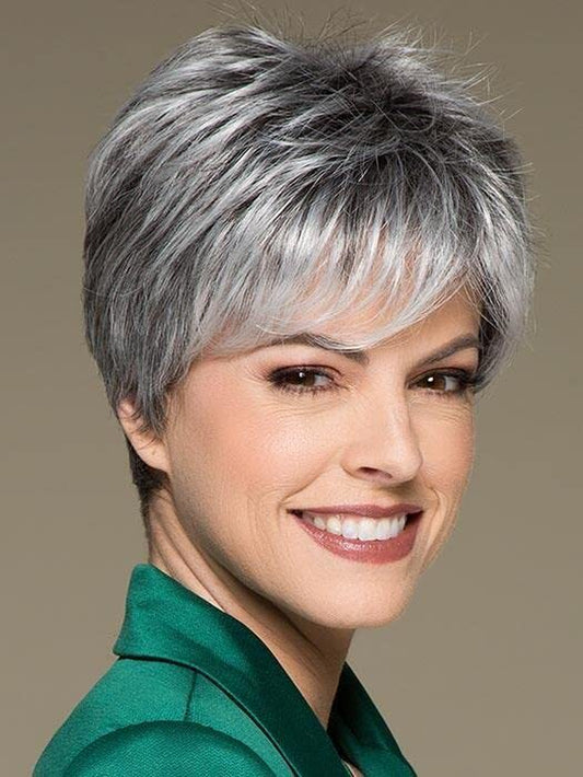 Short Grey Wigs for Women Gray White Pixie Cut Wigs with Dark Root Layered Sy...
