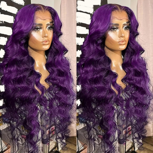 Purple Body Wave 13X4 Lace Frontal Wigs HD Lace Front Wigs Glueless Pre Plucked Bluish Violet Glueless Wigs 28 Inch Soft Hair Natural Hair Line Baby Hair Heat Resistant