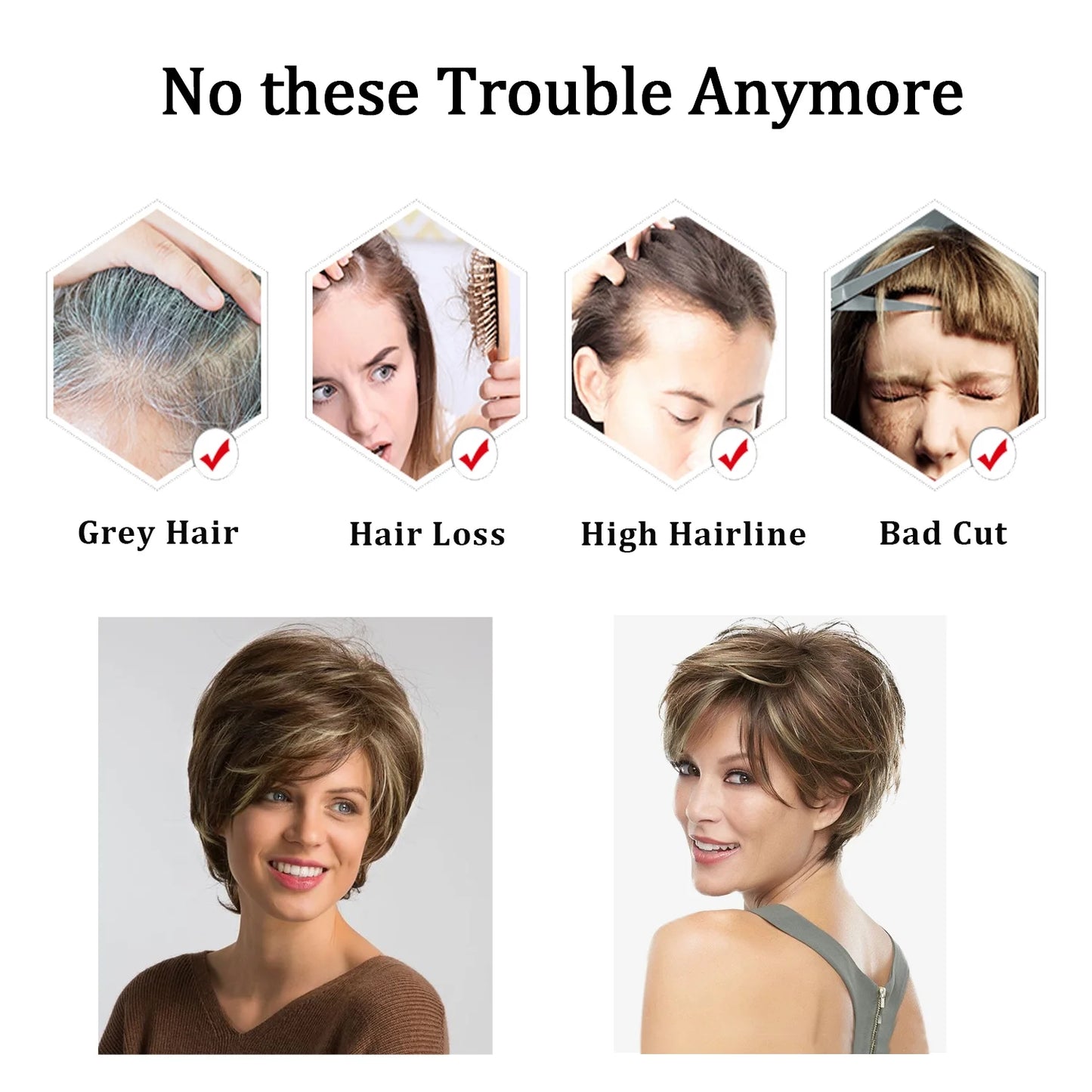 Short Brown Pixie Cut Wigs for Women with Bangs Highlight Blonde Synthetic Short Hair Wig