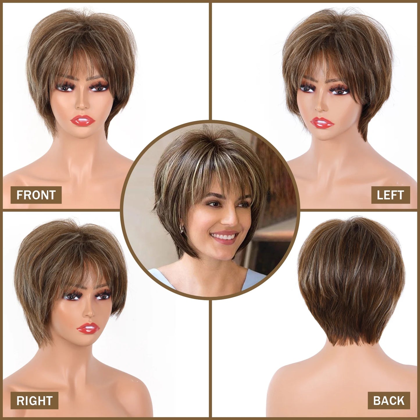 Short Brown Pixie Cut Wigs for Women with Bangs Highlight Blonde Synthetic Short Hair Wig