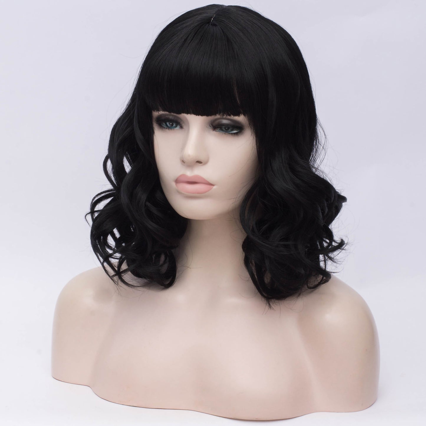 Wigs for Women 16" Black Curly Wig with Wig Cap Natural Full Medium Wavy