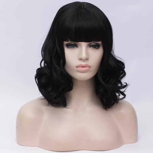 Wigs for Women 16" Black Curly Wig with Wig Cap Natural Full Medium Wavy