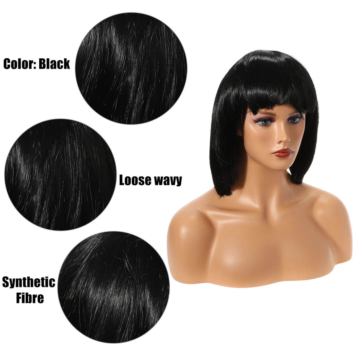 Wigs for Women 12" Black Bob Wig with Wig Cap