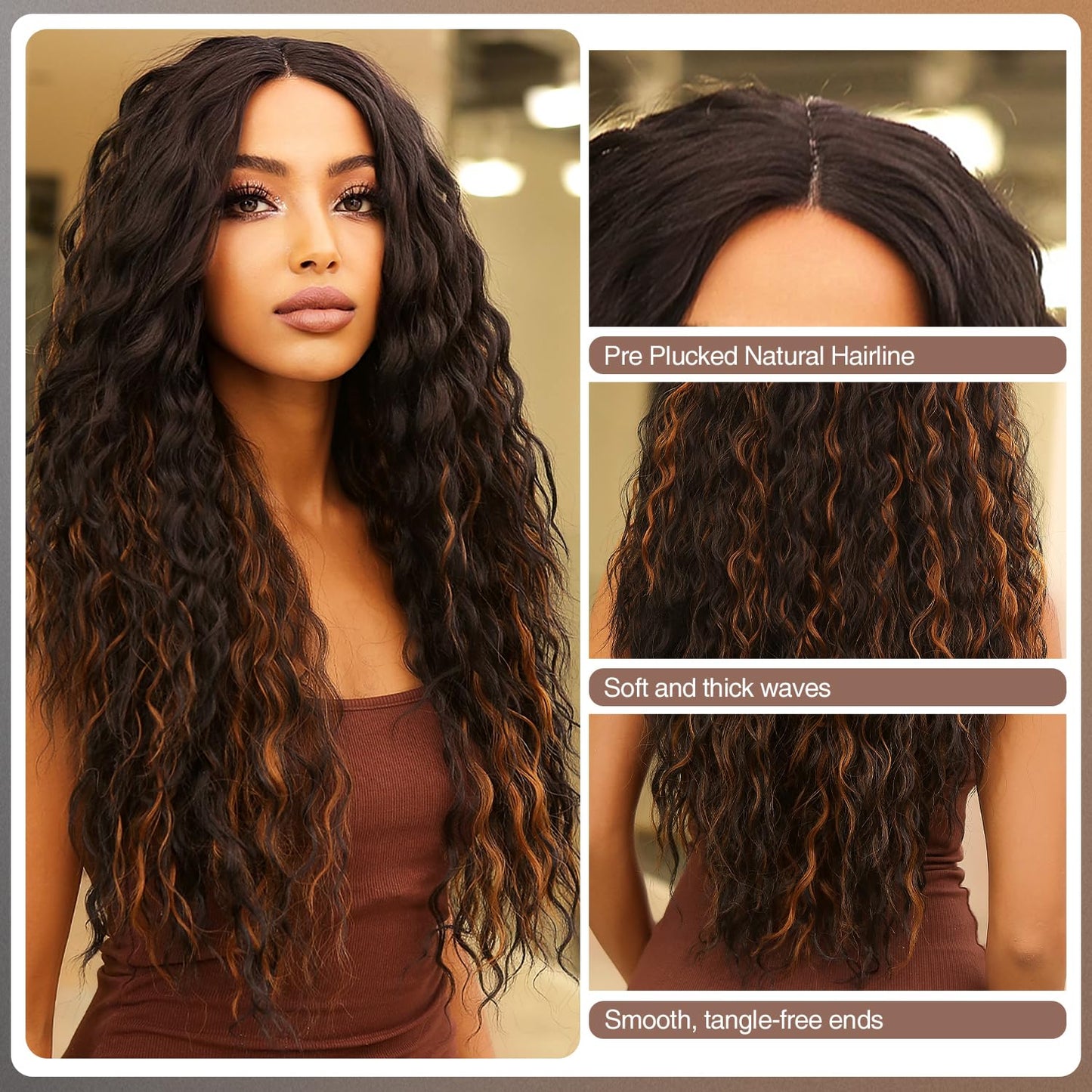 Synthetic Heat Resistant Wavy Wig for Women, 26 Inch Long Body Wavy, Brown with Blonde Highlights, Glueless Lace Front Wig