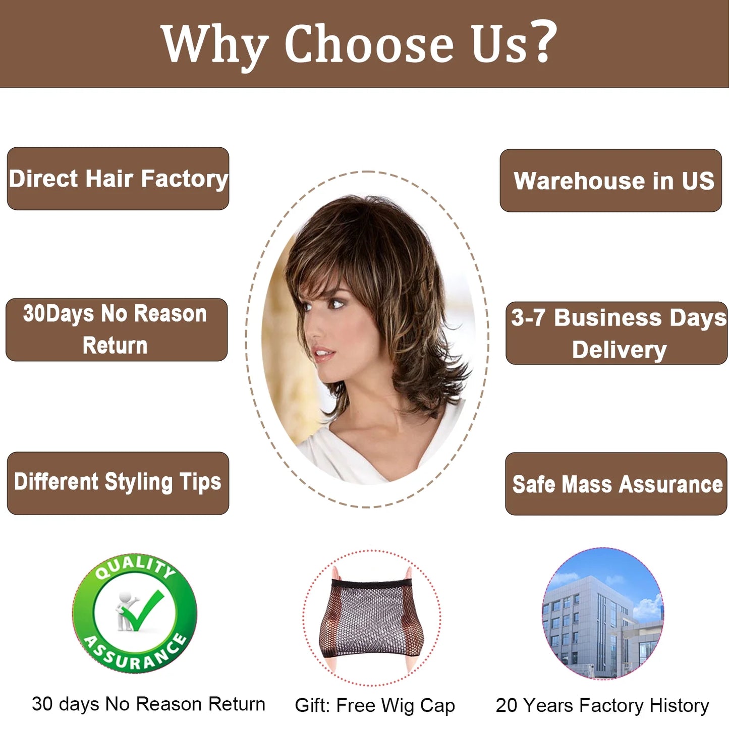 Short Brown Wig for Women Mullet Highlight Blonde Curly Synthetic Wigs