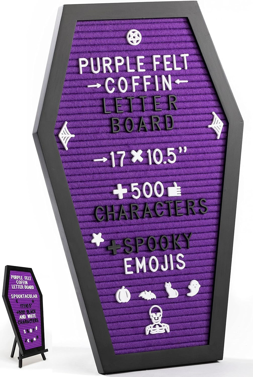 Coffin Letter Board Black +3D Bat Stickers +650 Characters, Spooky & Seasonal Emojis, Wooden Stand - 17X10.5 Inches - Coffin Shaped Goth Decor Sign Witchy Halloween Decorations Gothic Decor Birthday Wedding Home Spooky Gifts
