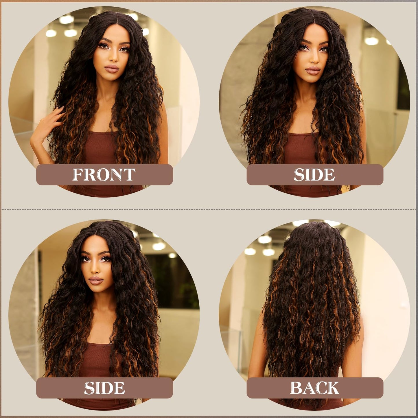 Synthetic Heat Resistant Wavy Wig for Women, 26 Inch Long Body Wavy, Brown with Blonde Highlights, Glueless Lace Front Wig