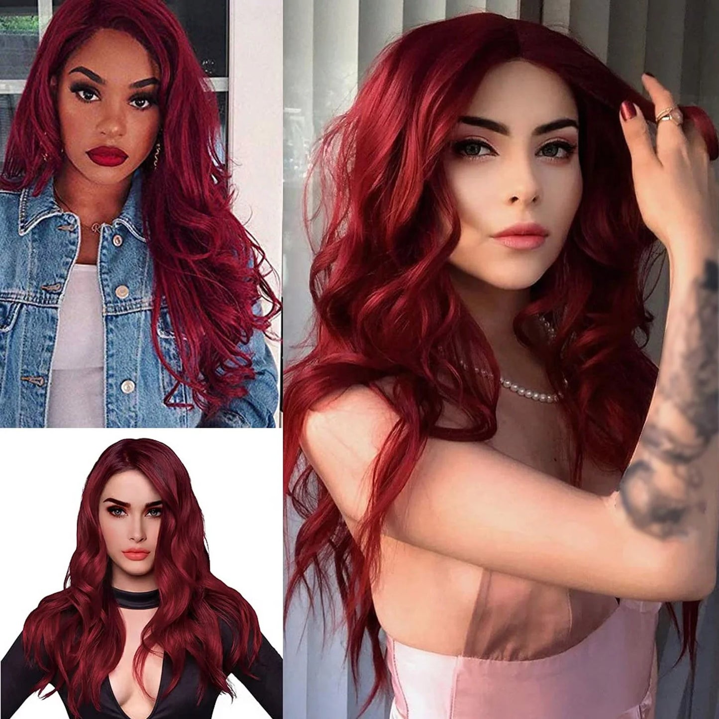 Long Red Lace Front Wig for Women Middle Parts Long Wavy Human Hair Wig with Lace Front Wig Caps Wigs for Women 24Inch
