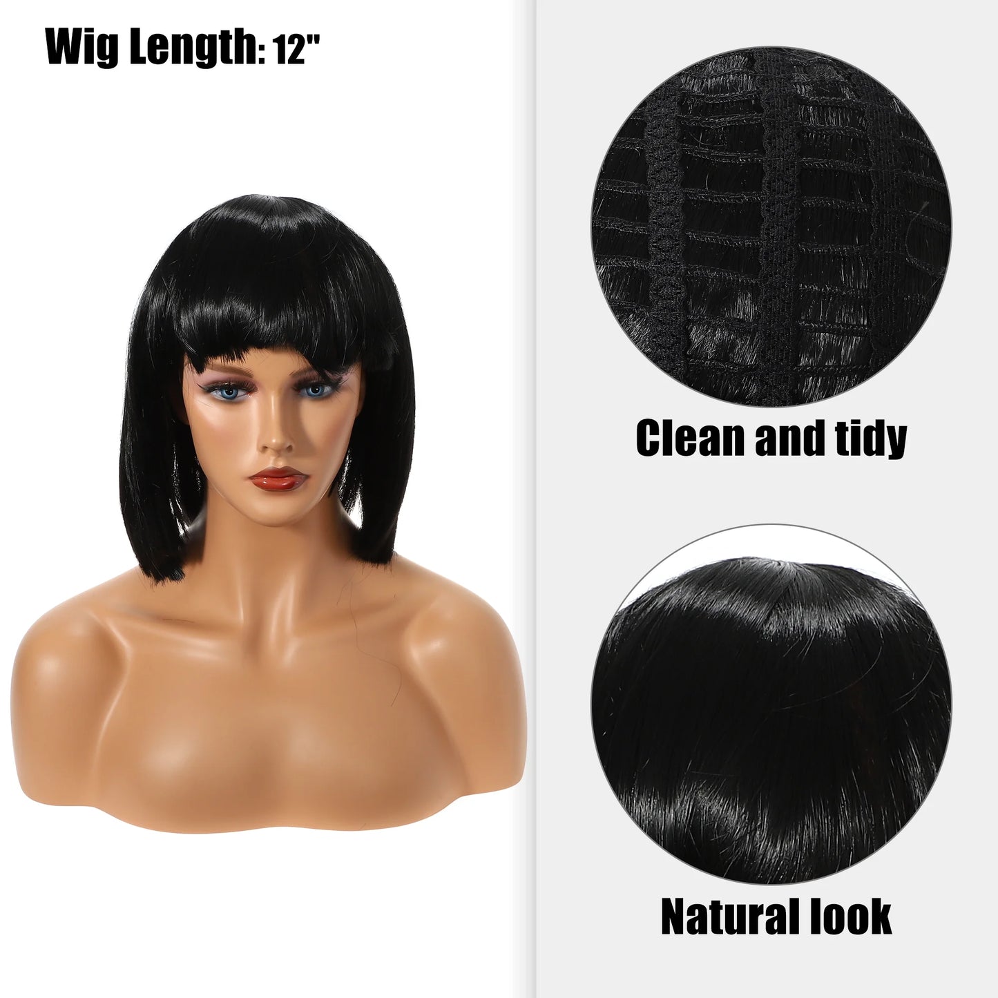 Wigs for Women 12" Black Bob Wig with Wig Cap