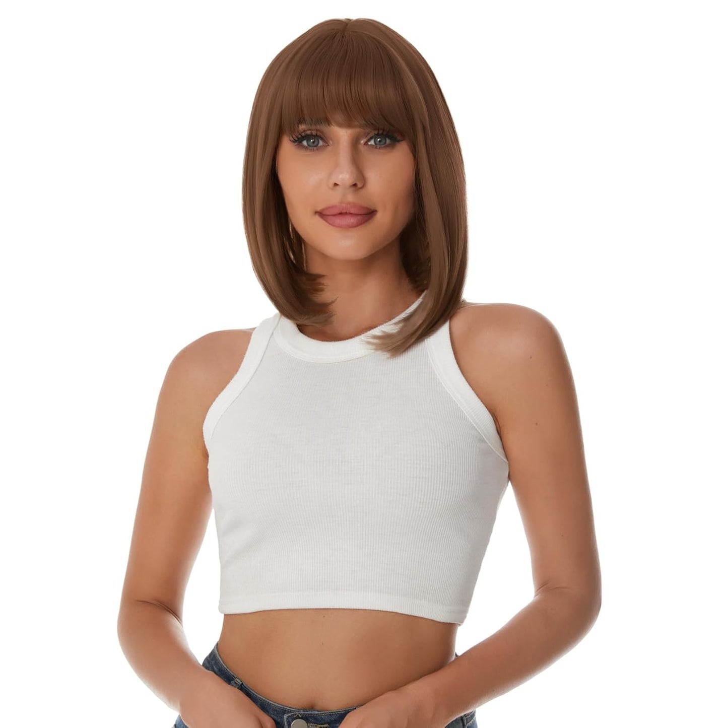 Auburn Bob Wigs with Bangs for Women Short Straight Shoulder Length Heat Resistant Synthetic Wig Light Golden Brown Natural Looking for Daily Cosplay Party