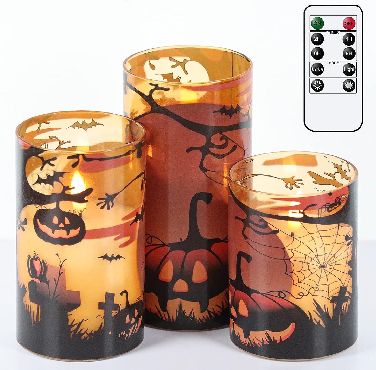 Halloween Flameless Candles, LED Flickering Battery Pillar Candles with 6H Timer and Pumpkin Decals, Spooky Fall Halloween Festival Party Decoration Set of 3 (D 3” X H 4” 5” 6”)