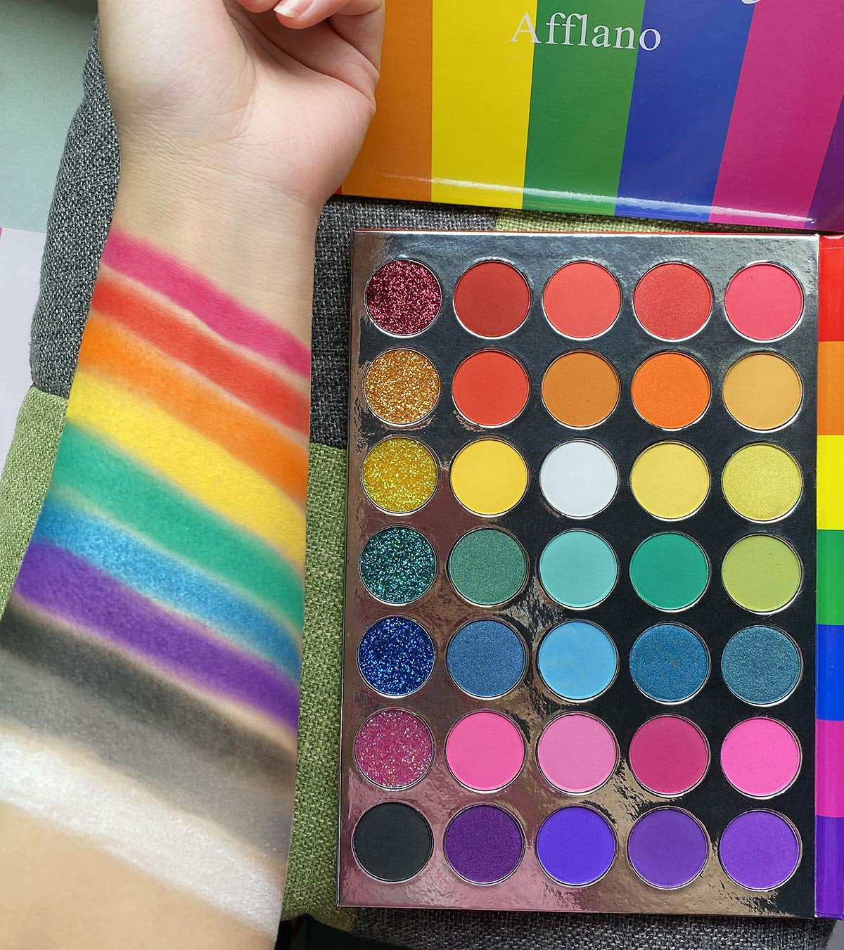 Rainbow Eyeshadow Palette Matte Shimmer Pressed Glitter, Pigmented Colorful Eye Shadow Pallets, Pink Red Orange Yellow Green Blue Purple 35 Color, Bright Prime Makeup Palette