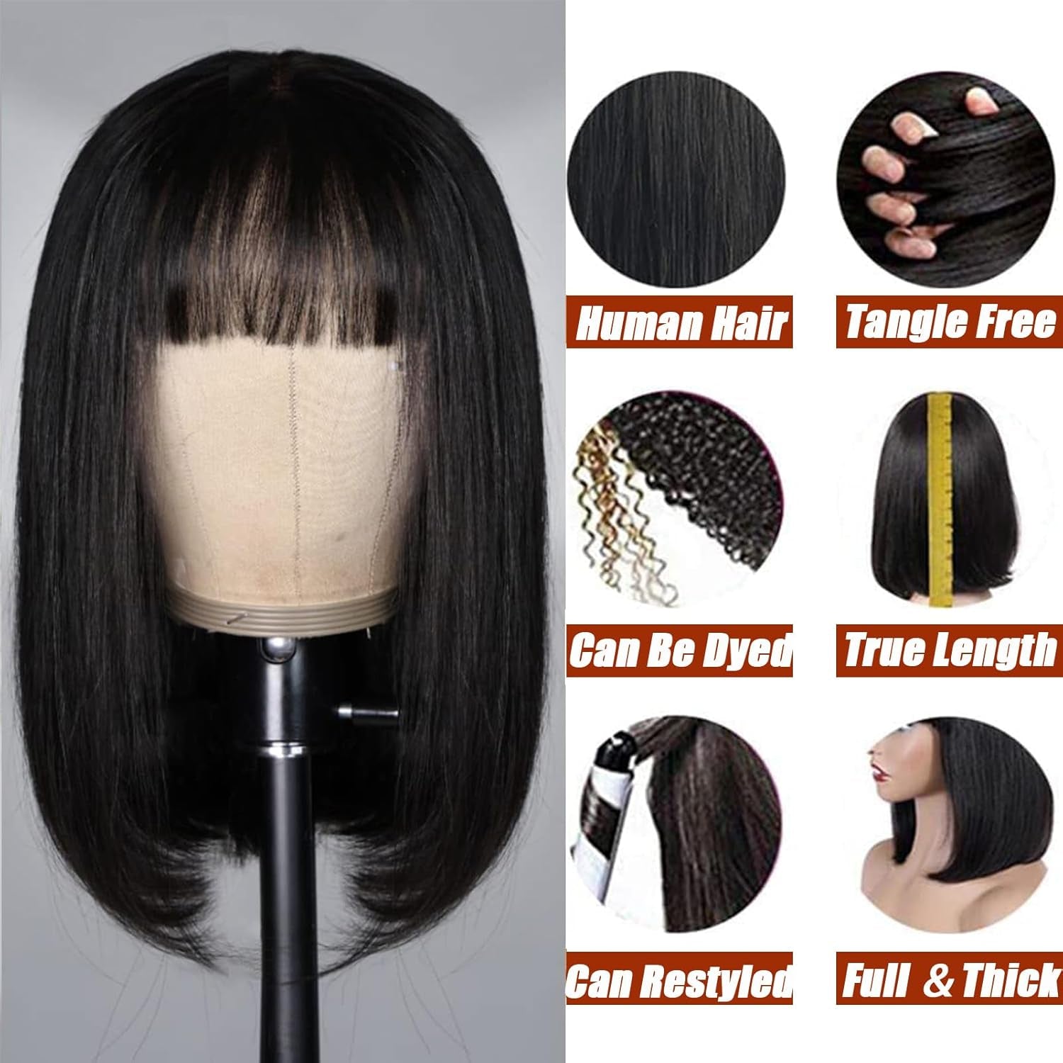 Bob Wig Human Hair with Bangs Short Black Bob Wigs for Women Human Hair Brazilian Virgin Straight Hair Bob Wigs with Bangs Natural Color