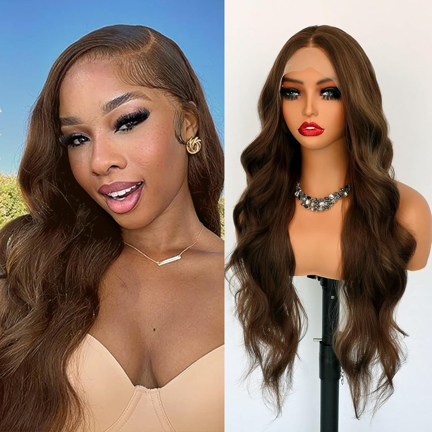Chocolate Brown Lace Front Wig Long Wavy Curly Hair Wigs Natural Looking Glueless Lace Wigs Heat Resistant Fiber Hair Brown Synthetic Wig for Women Daily Use
