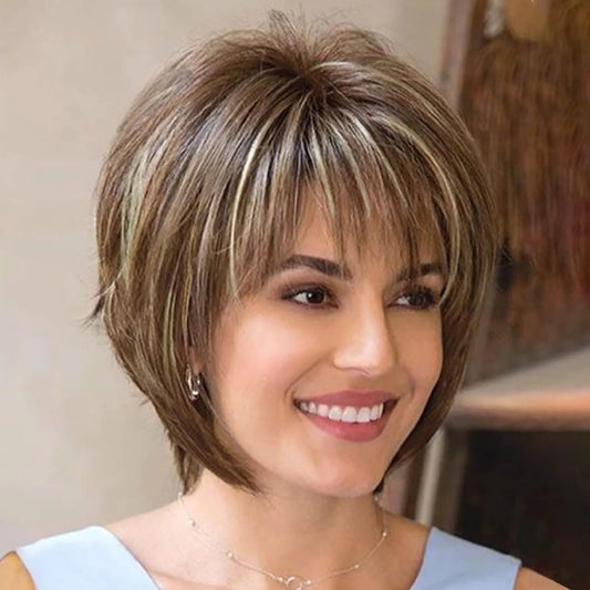 Short Brown Pixie Cut Wigs for Women with Bangs Highlight Blonde Synthetic Short Hair Wig