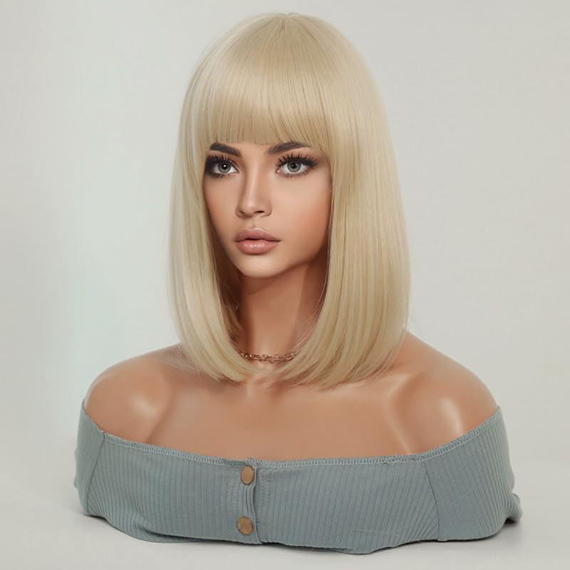 Short Blond Wig with Bangs 15Inch Straight Hair Natural Synthetic Bob Wig for Women (15Inch, Blond)