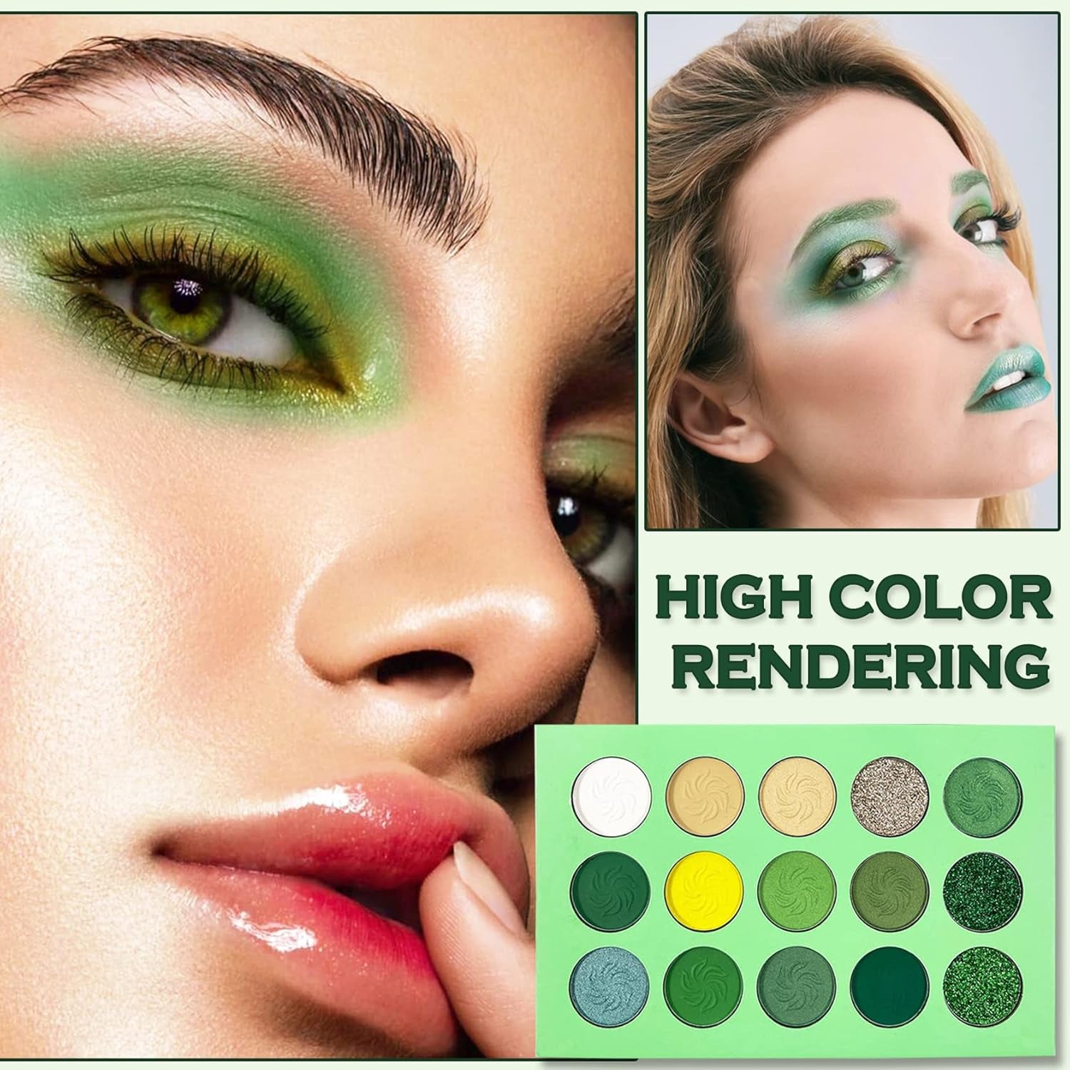 15 Color Green Eyeshadow Palette Highly Color, Long Lasting Waterproof Matte Shimmer Yellow Eye Shadow Palette Glitter Eyeshadow Pallets for Women Girls Daily Christmas Green Makeup