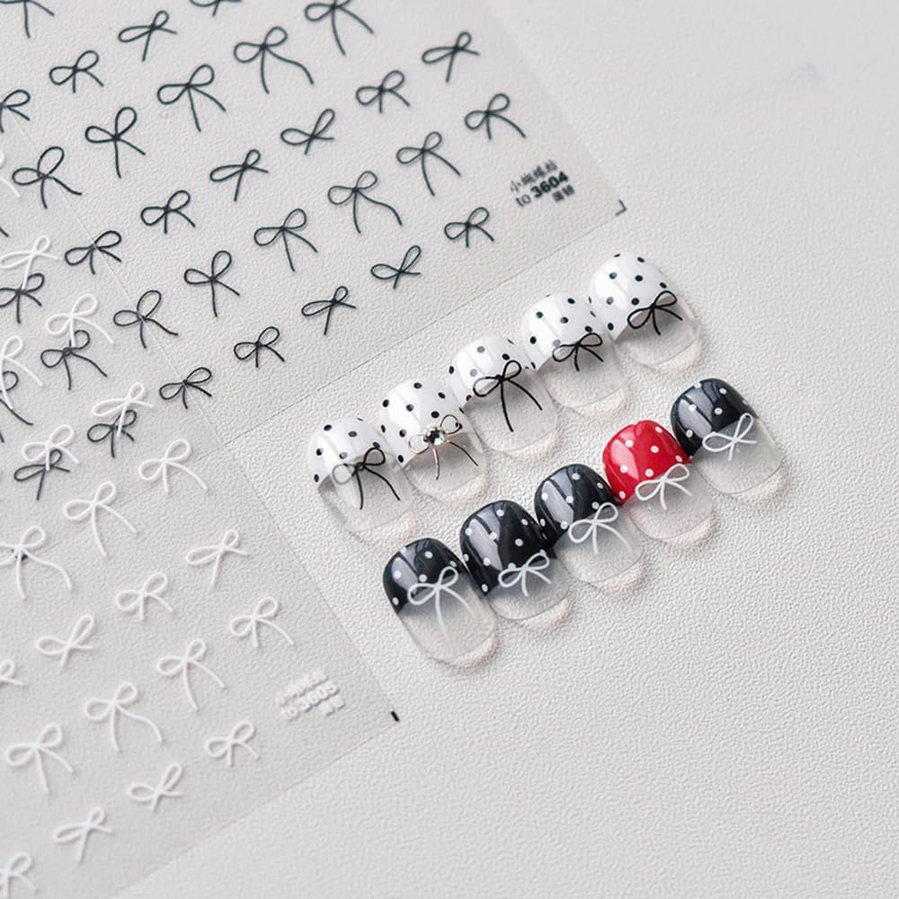 5D Embossed Designs Nail Art Stickers Decals Self Adhesive Nail Decals Black Bow Tie Mini Bowknot Line Nail Stickers Manicure Sliders for Women DIY Nail Art Decorations (02.Black Bow)