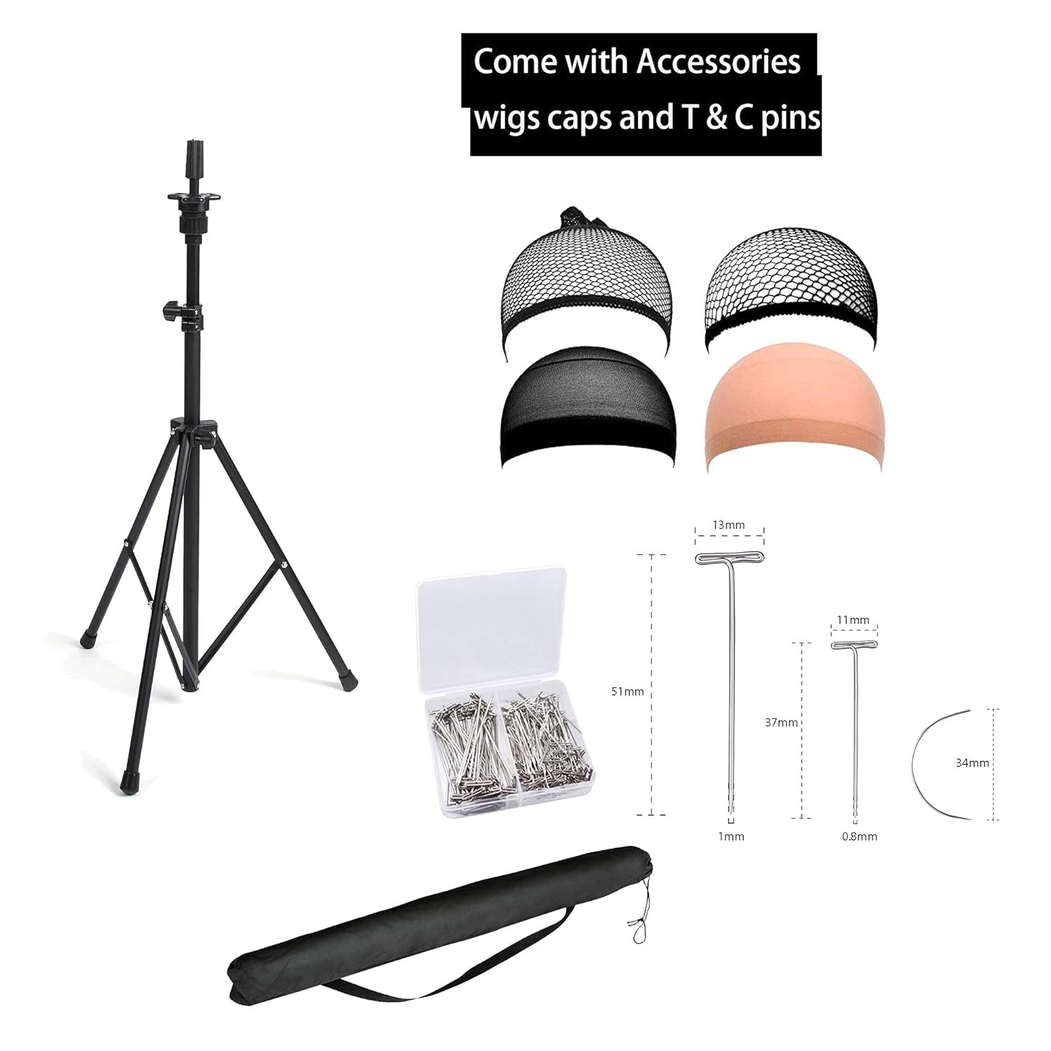Wig Head Stand, Metal Wig Stand Tripod Holder for Mannequin Heads, 35.4-52.4 In, Black