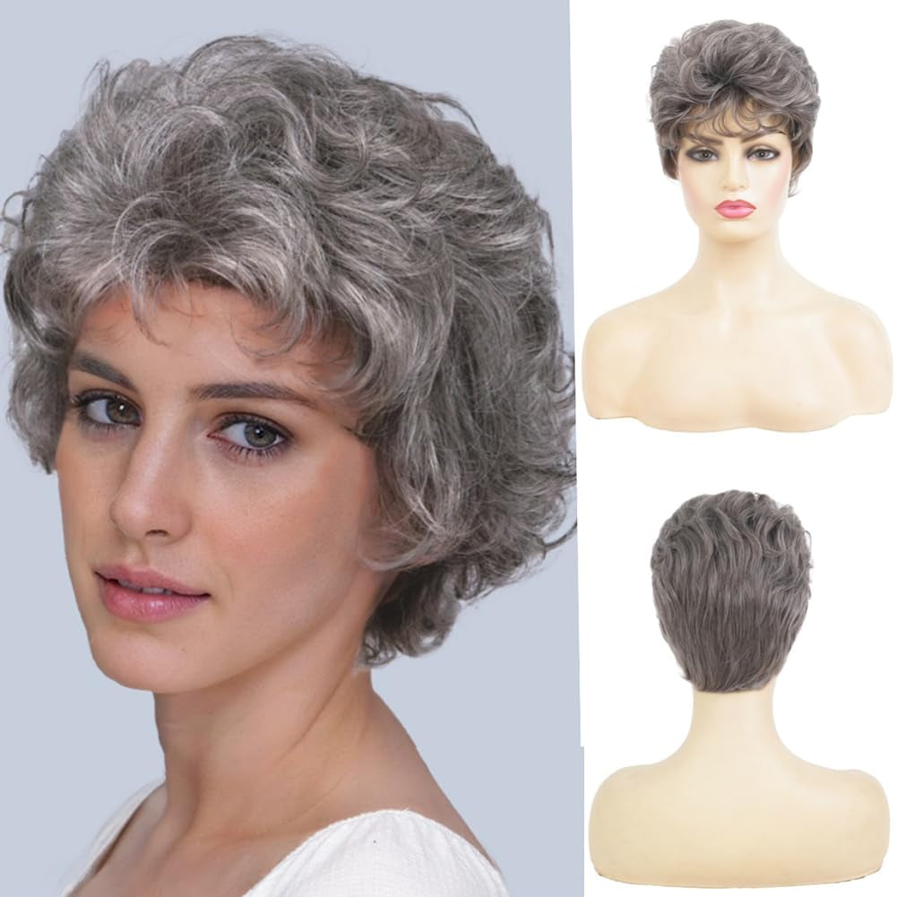Short White Wigs for Women Pixie Cut Wig with Bangs Synthetic Hair Halloween Daily Party Wig(Silver White)