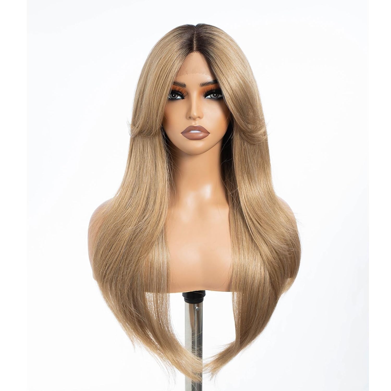 Highlight Ombre Brown Dirty Blonde Layered Wigs with Curtain Bangs, Synthetic Lace Front Wigs with Bangs, Long Straight Middle Part HD Lace Wig with Natural Hairline 26 Inches Wigs for Women