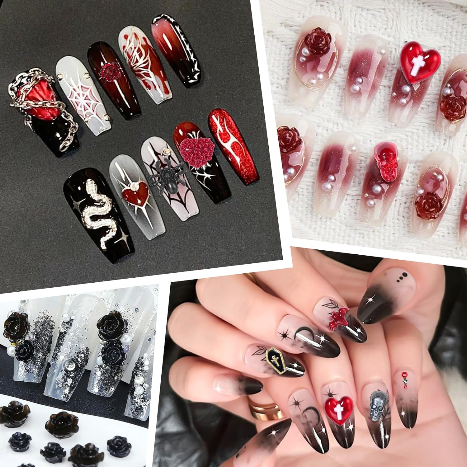 120 Pcs Halloween Resin 3D Nail Art Charms, Mix Styles Spider Snake Skull Hand Ghost Bat Flatback Slime Figures Charm with Half round Rhinestones Halloween Charms for Nails Hallows' Day Party DIY