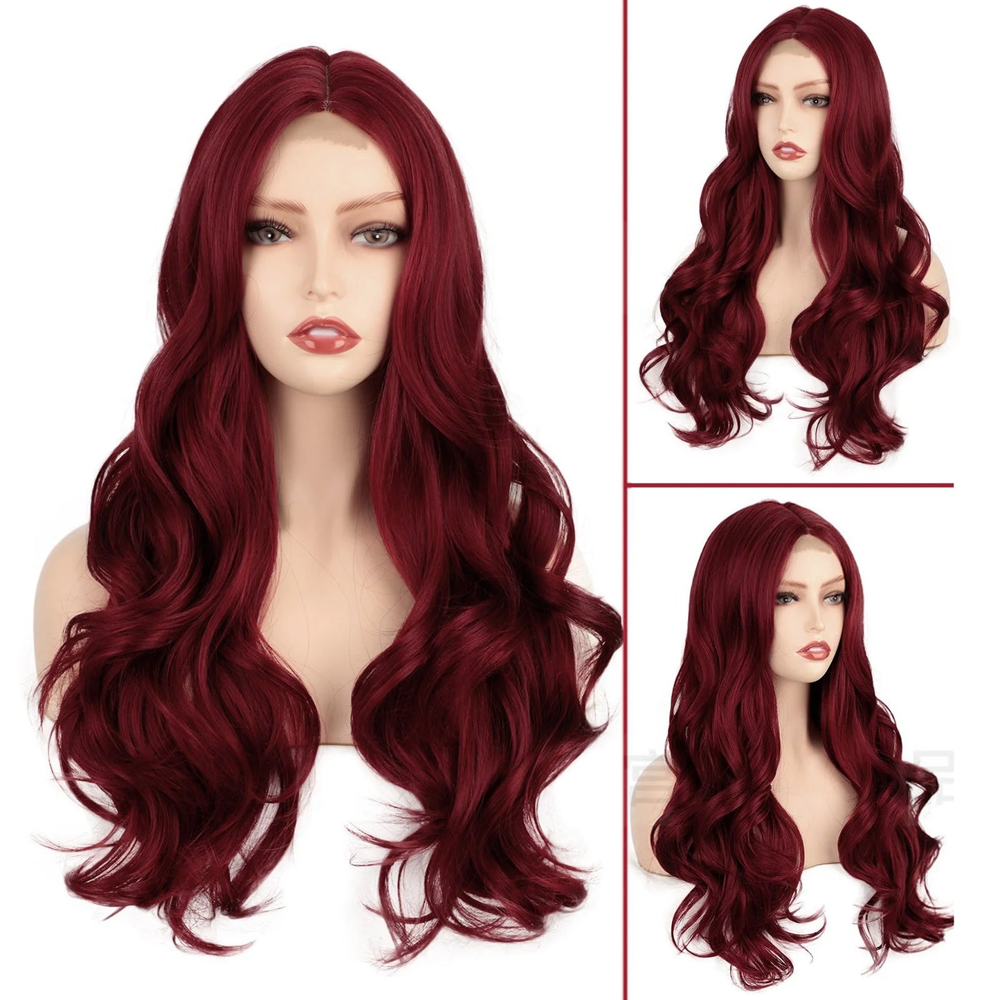 Long Red Lace Front Wig for Women Middle Parts Long Wavy Human Hair Wig with Lace Front Wig Caps Wigs for Women 24Inch