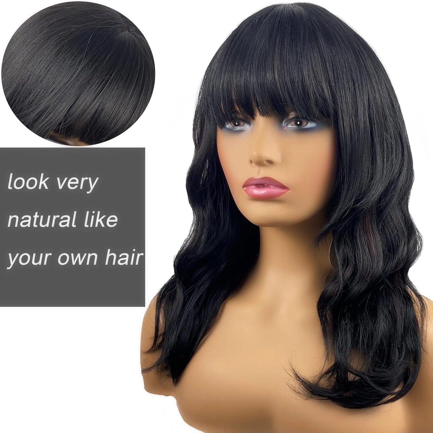 16 Inch Short Wavy Bob Wig with Bangs,Black with Red Shoulder Length Hair Wigs for Women,Natural Looking Synthetic Heat Resistant Fiber Curly Wigs for Daily