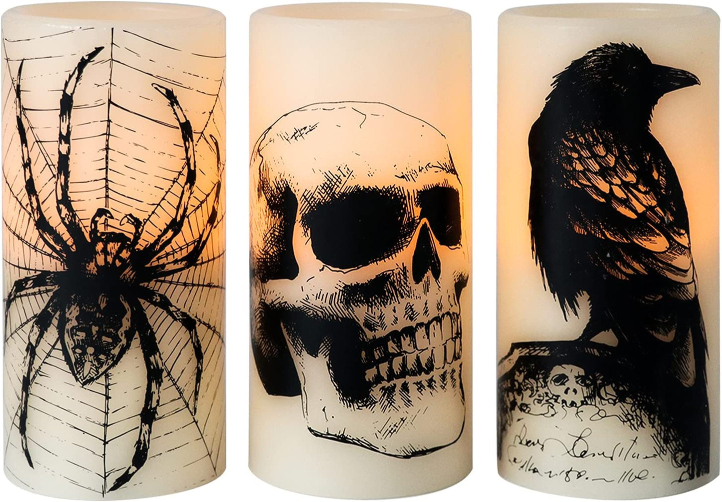 Halloween Flameless Candles, LED Flickering Battery Pillar Candles with 6H Timer and Pumpkin Decals, Spooky Fall Halloween Festival Party Decoration Set of 3 (D 3” X H 4” 5” 6”)