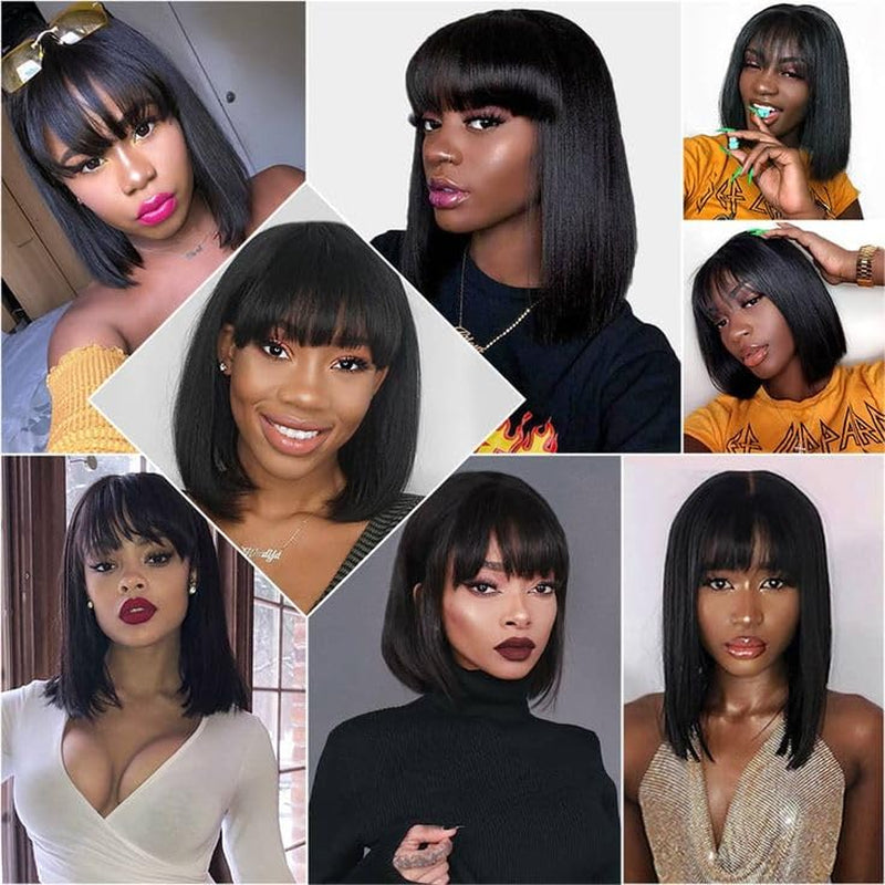 Bob Wig Human Hair with Bangs Short Black Bob Wigs for Women Human Hair Brazilian Virgin Straight Hair Bob Wigs with Bangs Natural Color