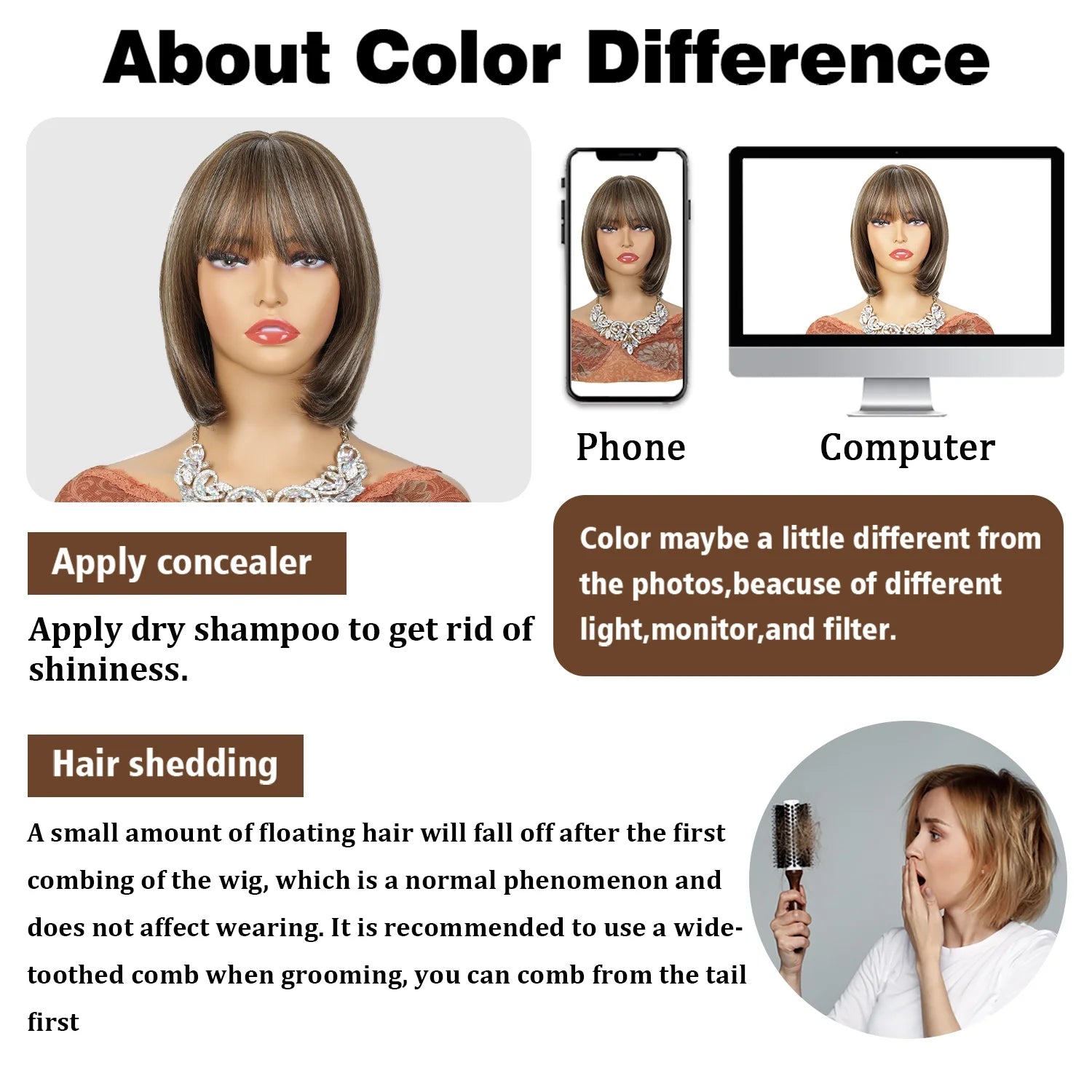 10Inch Short Brown Bob Wig with Bangs Highlight Blonde Short Wigs for Women