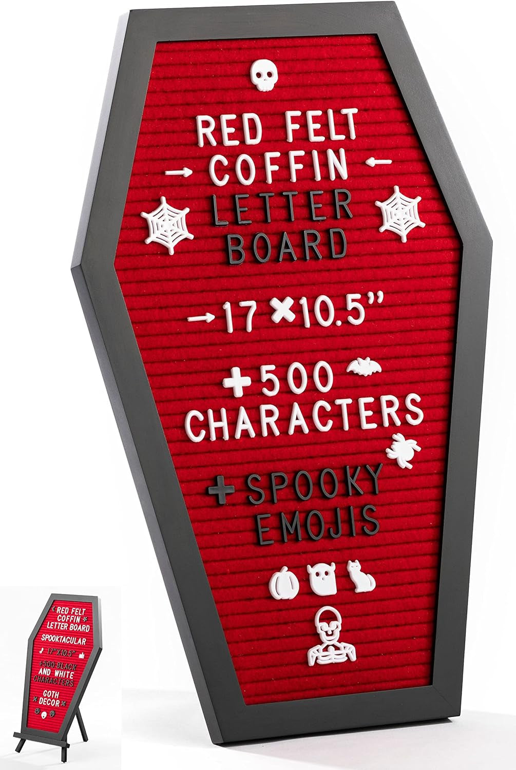 Coffin Letter Board Black +3D Bat Stickers +650 Characters, Spooky & Seasonal Emojis, Wooden Stand - 17X10.5 Inches - Coffin Shaped Goth Decor Sign Witchy Halloween Decorations Gothic Decor Birthday Wedding Home Spooky Gifts