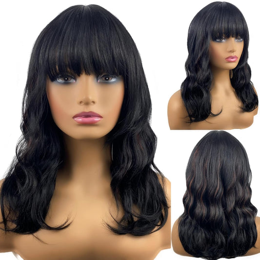 16 Inch Short Wavy Bob Wig with Bangs,Black with Red Shoulder Length Hair Wigs for Women,Natural Looking Synthetic Heat Resistant Fiber Curly Wigs for Daily