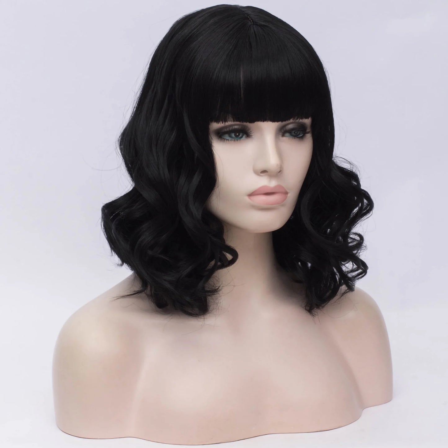 Wigs for Women 16" Black Curly Wig with Wig Cap Natural Full Medium Wavy