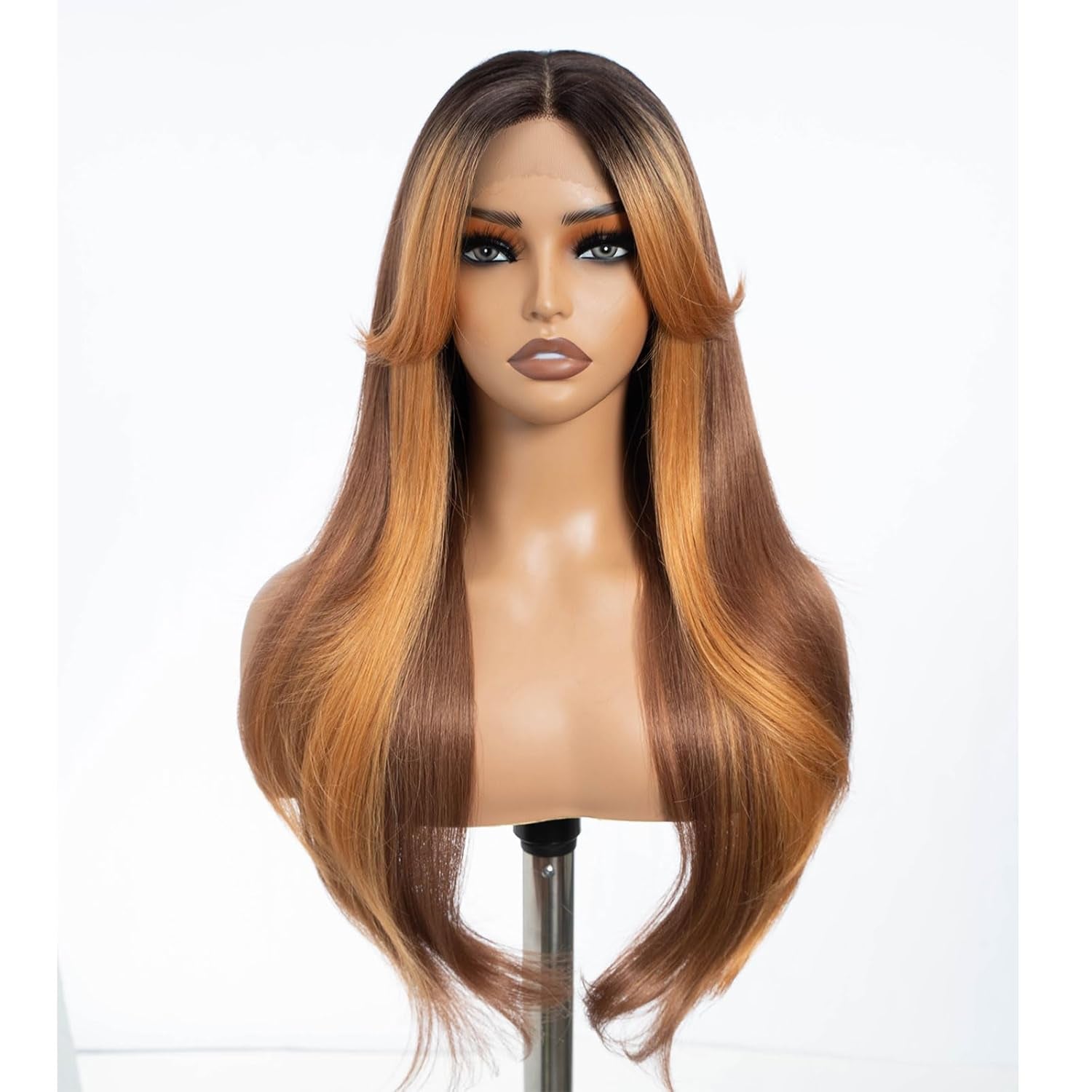 Highlight Ombre Brown Dirty Blonde Layered Wigs with Curtain Bangs, Synthetic Lace Front Wigs with Bangs, Long Straight Middle Part HD Lace Wig with Natural Hairline 26 Inches Wigs for Women